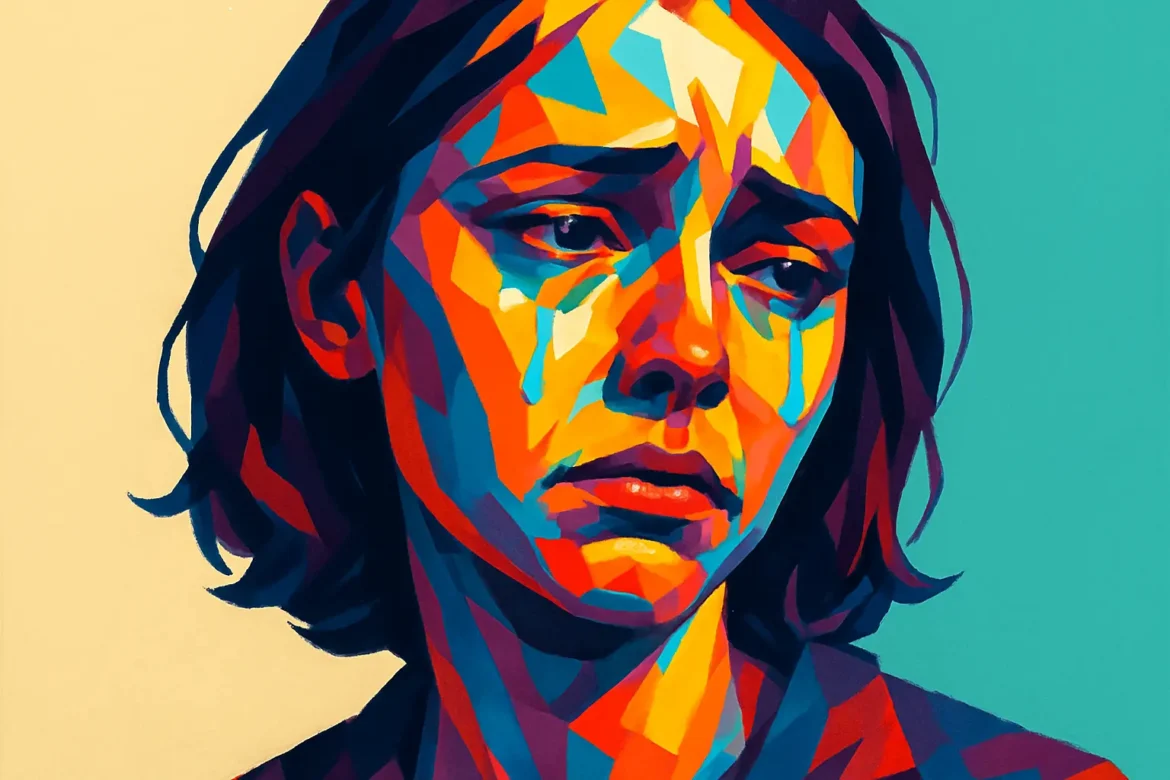 Ilustração estilizada de uma mulher com expressão de profunda tristeza, realizada em cores vibrantes e traços geométricos. A obra contrasta elementos visuais intensos com a melancolia no semblante da personagem, simbolizando a complexidade emocional da tristeza humana. Parte do tema '40 Frases sobre Tristeza', a imagem traduz sentimentos intensos por meio da arte contemporânea digital.