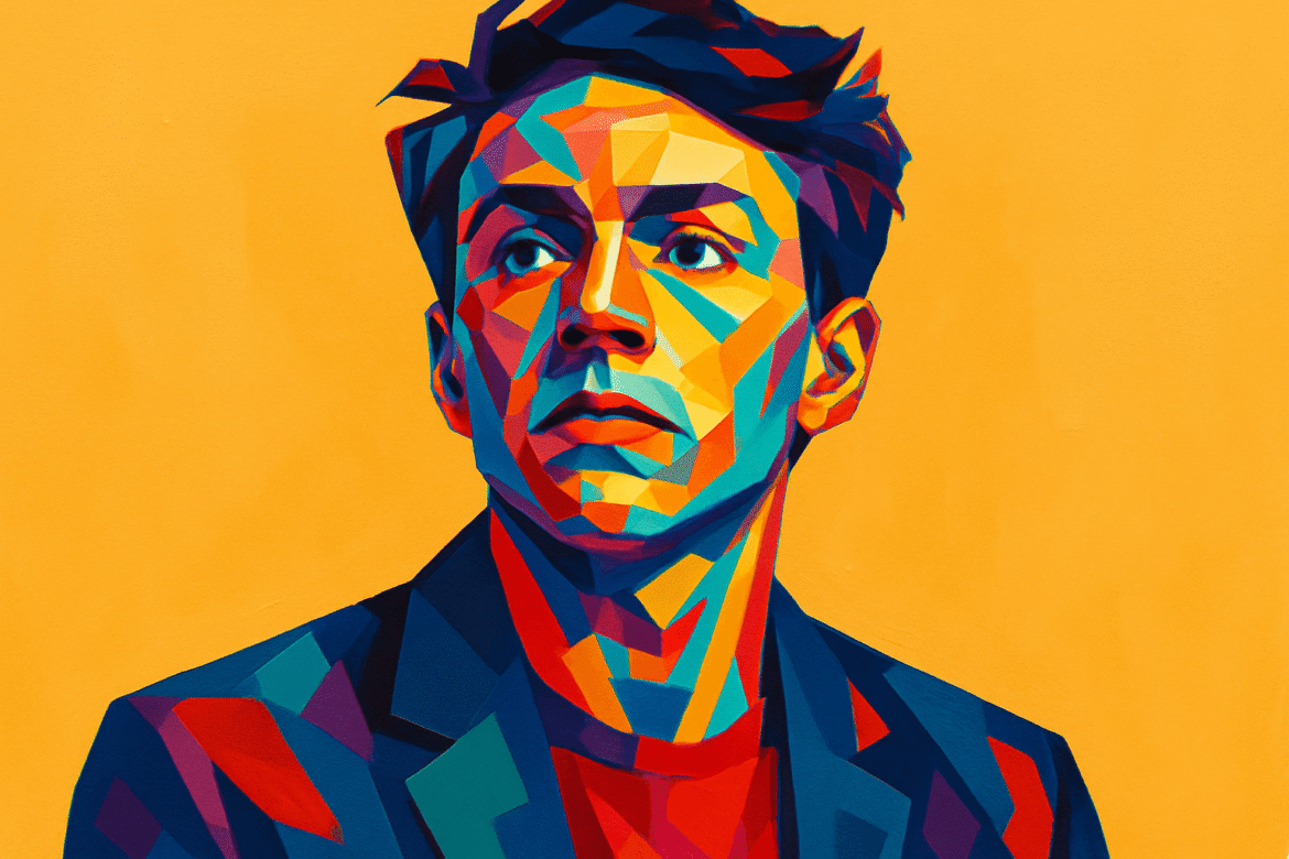 Ilustração vibrante e estilizada de um homem em fundo amarelo, criada com formas geométricas multicoloridas que remetem ao estilo cubista. A composição visual transmite profundidade emocional e introspecção, alinhando-se ao tema '60 Frases Profundas para Reflexão', evocando questionamentos sobre identidade, existência e a multiplicidade de perspectivas da alma humana.