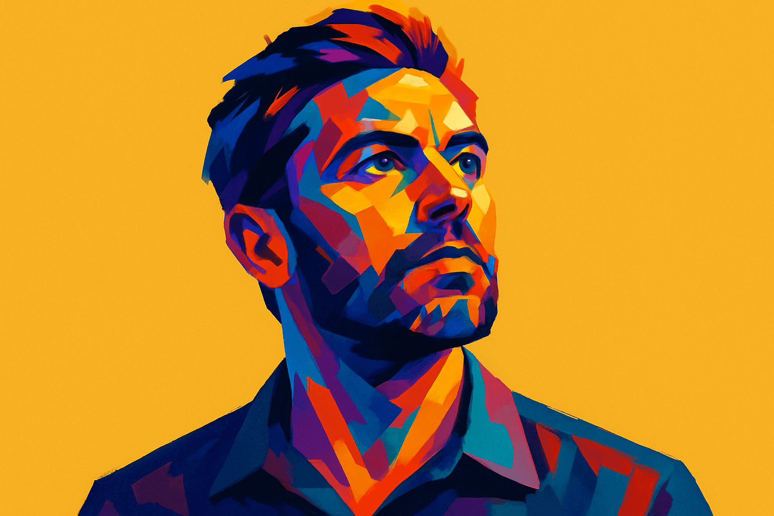 Homem retratado em estilo artístico abstrato e multicolorido, olhando para cima com expressão contemplativa, sobre um fundo amarelo sólido, representando uma busca introspectiva pelo sentido da vida.