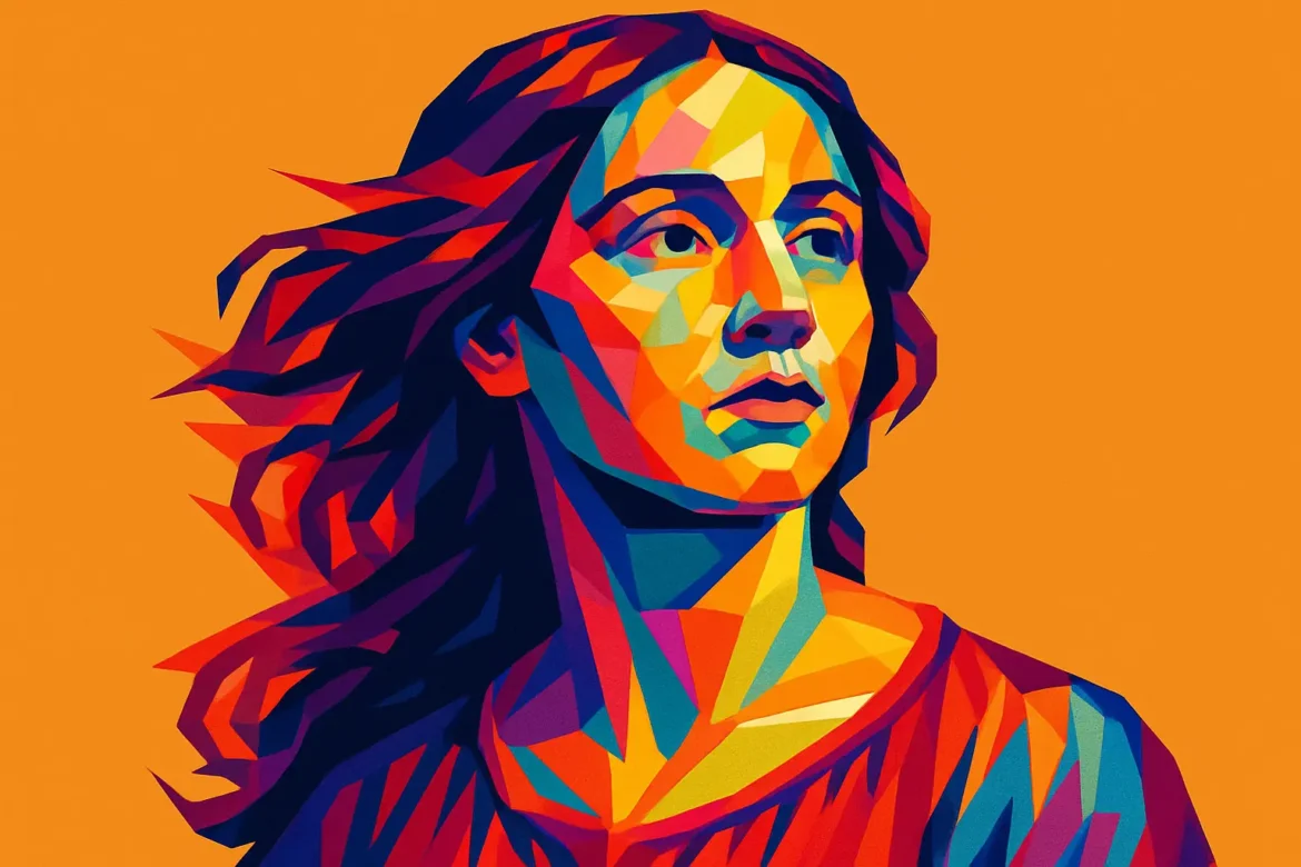 Ilustração artística em estilo pop art de Anita Garibaldi (1821 – 1849), representada com expressão determinada e cabelos ao vento sobre um fundo laranja vibrante. Conhecida como a 'heroína dos dois mundos', Anita lutou ao lado de Giuseppe Garibaldi em batalhas revolucionárias no Brasil e na Itália, tornando-se símbolo de coragem, liberdade e resistência feminina no século XIX.