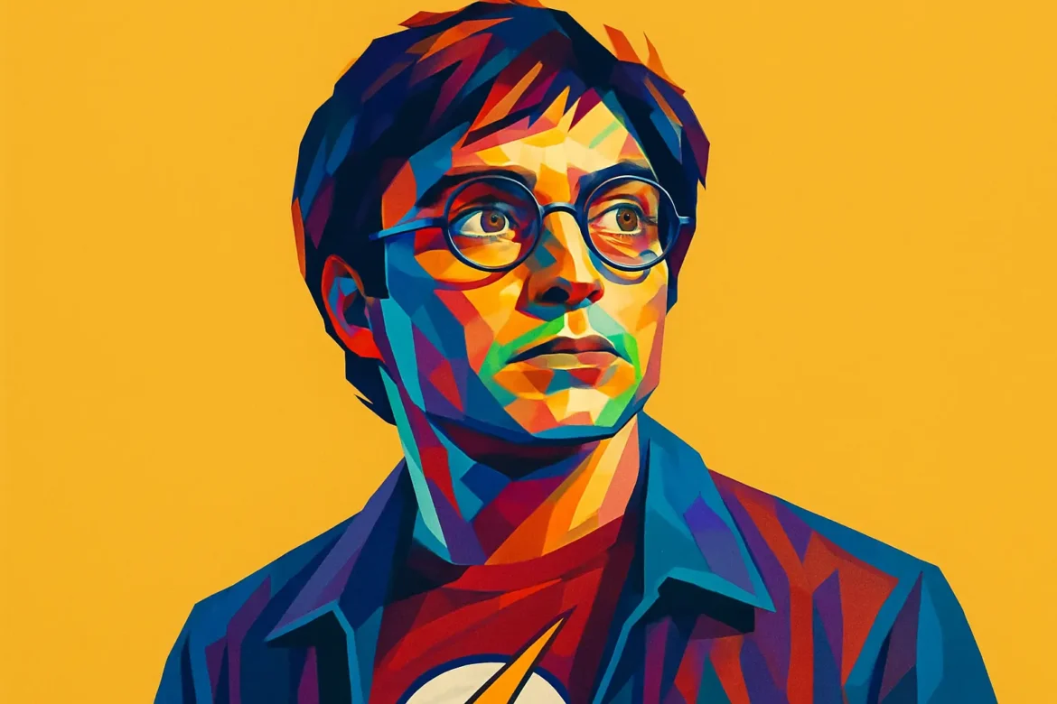 Ilustração em estilo pop art de um personagem com fortes referências geek, vestindo uma camiseta do Flash, símbolo clássico da DC Comics. O uso de cores vibrantes e formas geométricas cria uma estética moderna e estilizada, homenageando tanto o universo dos super-heróis quanto a cultura nerd em geral. A composição visual celebra o crossover de fandoms e a paixão pelos ícones da cultura pop contemporânea.