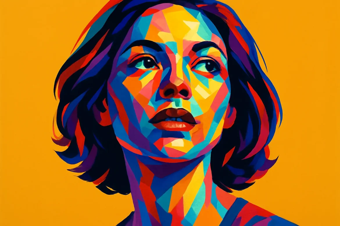 Imagem estilizada de uma mulher jovem, representada em uma composição artística de cores vibrantes no estilo pop art. O fundo amarelo intenso realça os tons contrastantes de azul, vermelho, laranja e roxo que compõem o rosto e o cabelo da personagem. O olhar distante e pensativo transmite uma aura de emoção e intensidade, evocando sentimentos associados ao amor e à introspecção, tema central da imagem criada a partir do conceito 'Top 50 Frases de Amor'.