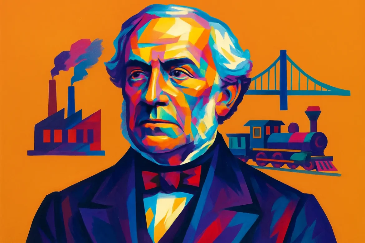 Retrato artístico colorido do Barão de Mauá (1813 – 1889), influente empresário, industrial e político brasileiro. Ao fundo, símbolos de suas principais conquistas: uma fábrica, uma locomotiva e uma ponte, representando seu papel decisivo na industrialização do Brasil, na construção da primeira estrada de ferro do país e no desenvolvimento da infraestrutura nacional durante o século XIX.