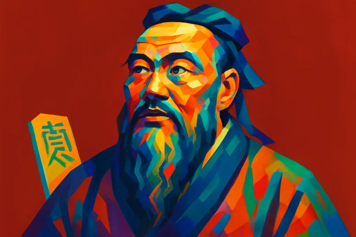 Representação artística multicolorida de Confúcio (551 a.C. – 479 a.C.), pensador e filósofo chinês cuja doutrina moldou profundamente a cultura, a ética e a política do Leste Asiático. Fundador do confucionismo, seus ensinamentos baseiam-se na moralidade, na educação e na harmonia nas relações humanas, influenciando gerações ao longo dos séculos. Ao fundo, um caractere chinês reforça a identidade cultural da obra.