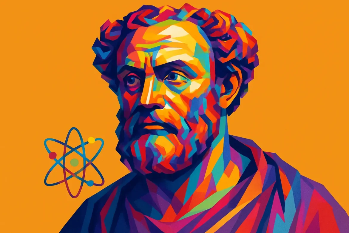 Ilustração artística em estilo moderno e colorido de Demócrito de Abdera (c. 460 a.C. – c. 370 a.C.), filósofo grego pré-socrático conhecido como o pai do atomismo. Reconhecido por sua teoria de que tudo no universo é composto por átomos em movimento, ele antecipou conceitos fundamentais da física moderna. O símbolo do átomo ao lado da figura destaca sua contribuição à filosofia natural e à ciência. Sua obra influenciou profundamente o pensamento científico e filosófico ocidental.