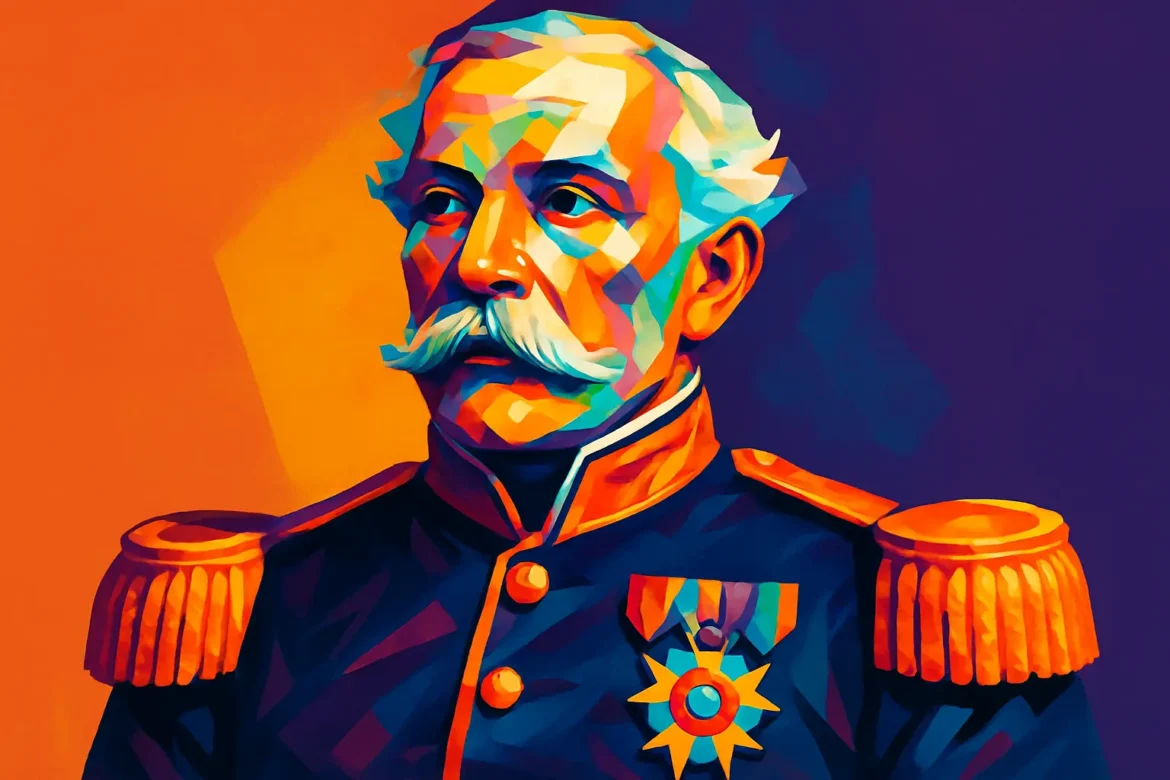 Retrato artístico em cores vibrantes de Luís Alves de Lima e Silva, o Duque de Caxias (1803–1880), militar, político e estadista brasileiro. Reconhecido por sua liderança nas guerras do século XIX, destacou-se na consolidação da unidade nacional e no combate a revoltas internas. Patrono do Exército Brasileiro, Caxias é símbolo de bravura e disciplina militar, tendo seu legado reverenciado em monumentos, escolas e instituições por todo o Brasil.