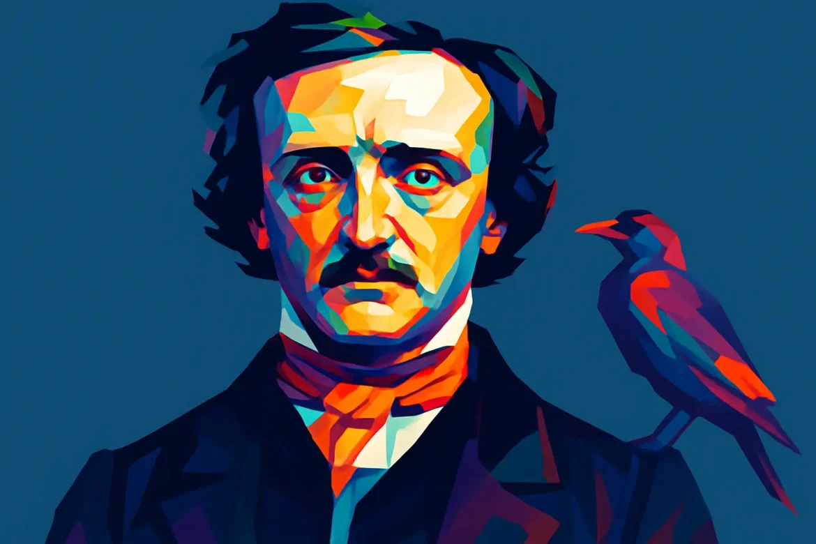 Retrato artístico e colorido de Edgar Allan Poe (1809 – 1849), escritor, poeta e crítico literário norte-americano, considerado um dos precursores da literatura de terror e do gênero policial. Com olhar profundo e sombrio, Poe aparece ao lado de um corvo, referência direta ao seu célebre poema 'O Corvo' (The Raven), símbolo de sua influência no imaginário sombrio da literatura ocidental.