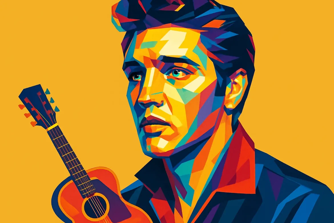 Ilustração estilizada e colorida de Elvis Presley, ícone da música e considerado o Rei do Rock, acompanhado de um violão. Com sua voz marcante, estilo singular e presença de palco inconfundível, Elvis revolucionou a música popular no século XX e tornou-se um dos artistas mais influentes e celebrados da história.