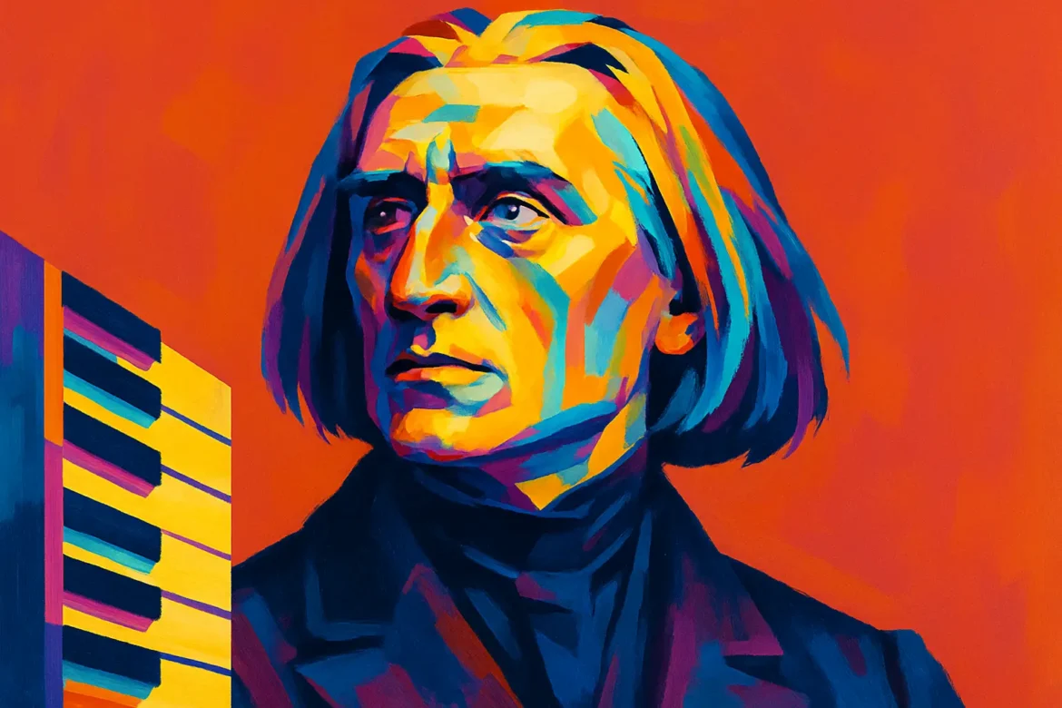 Retrato artístico de Franz Liszt (1811 – 1886), destacado compositor, pianista virtuoso e maestro húngaro do século XIX, representado em estilo pop art com cores vibrantes. Conhecido por sua impressionante habilidade ao piano e por inovações na música romântica, Liszt teve papel central na história da música clássica europeia, influenciando gerações de músicos e sendo pioneiro no recital de piano solo. Ao lado esquerdo da composição, um teclado estilizado sugere sua íntima ligação com o instrumento.