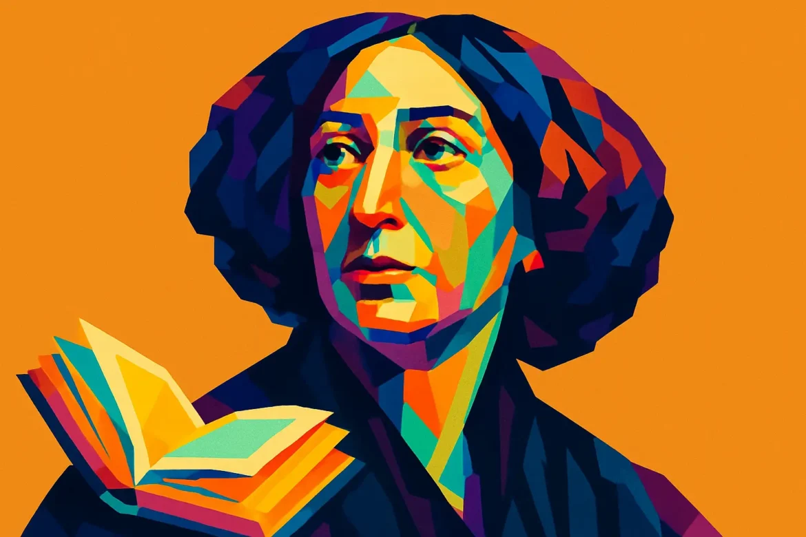 Ilustração artística e colorida de George Sand (1804 – 1876), célebre escritora, romancista e ensaísta francesa, conhecida por sua vida à frente de seu tempo e pelo uso de um pseudônimo masculino para conquistar espaço no meio literário. Figura central do romantismo francês, destacou-se por sua independência, engajamento político e obras como 'Indiana' e 'La Mare au Diable', que exploram questões sociais, morais e de gênero. A imagem transmite sua força intelectual e paixão pela escrita, representada pelo livro aberto ao seu lado.