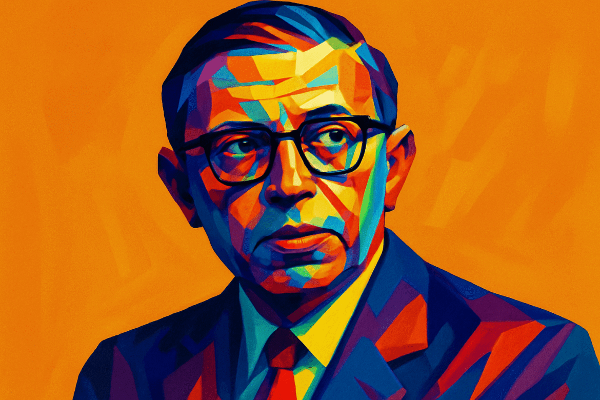 Jean-Paul Sartre — filósofo francês retratado em estilo colorido e geométrico, com terno, gravata e óculos, sobre um fundo laranja vibrante que destaca sua figura marcante do existencialismo do século XX.