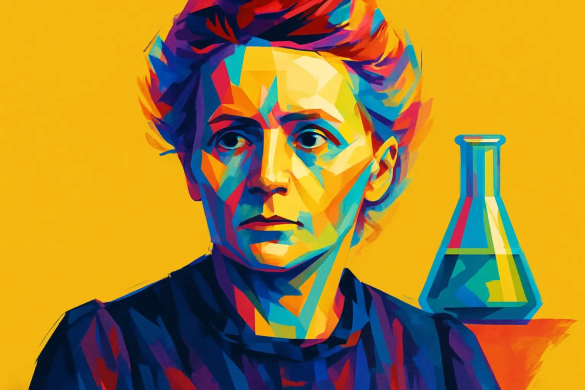 Retrato artístico estilizado de Marie Curie (1867 – 1934), renomada cientista polonesa naturalizada francesa, conhecida por suas revolucionárias pesquisas sobre radioatividade. Primeira mulher a receber um Prêmio Nobel e a única a ser laureada em duas categorias científicas distintas — Física e Química. Ao fundo, um béquer simboliza seu trabalho no laboratório e suas contribuições para a ciência moderna e medicina.