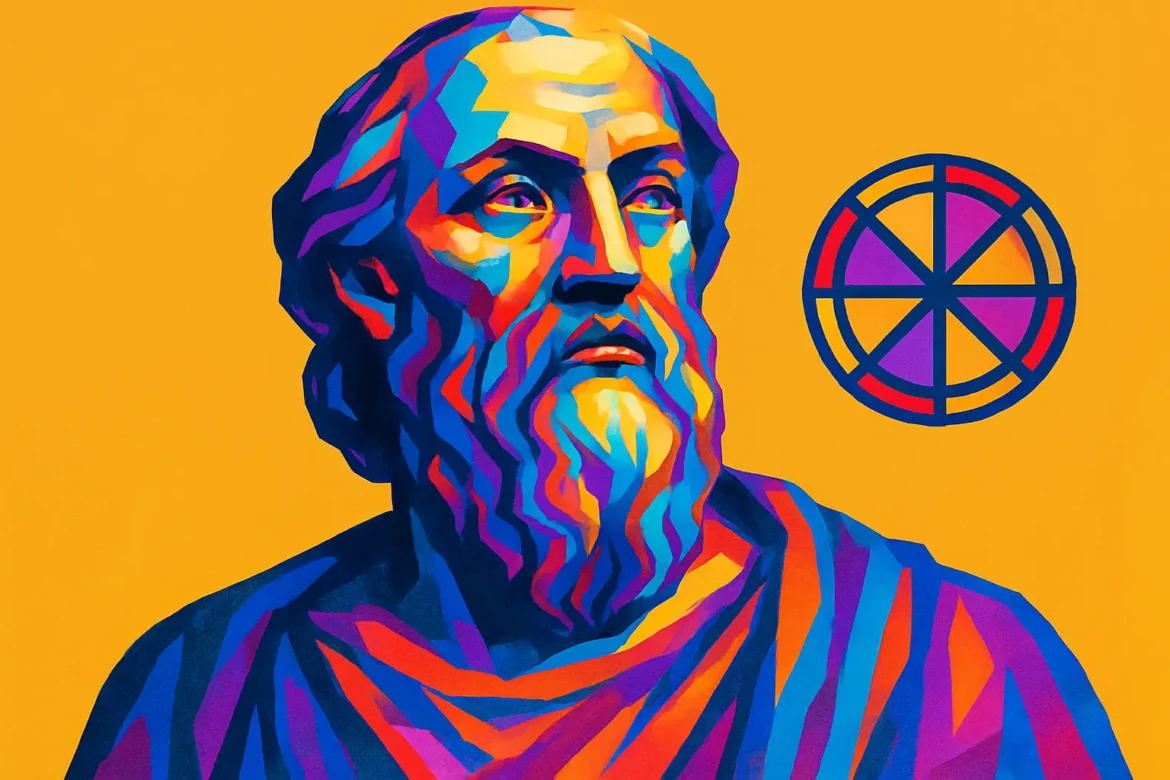 Ilustração artística vibrante de Parmênides de Eléia (c. 530 a.C. – c. 460 a.C.), filósofo grego pré-socrático conhecido por sua contribuição fundamental à metafísica e à ontologia. Defensor da ideia de que o ser é uno, eterno e imutável, Parmênides desafiou a percepção sensorial como fonte confiável de conhecimento, sendo uma figura central na escola eleática da filosofia. Ao fundo, um símbolo geométrico remete à lógica e à razão, elementos-chave em seu pensamento.