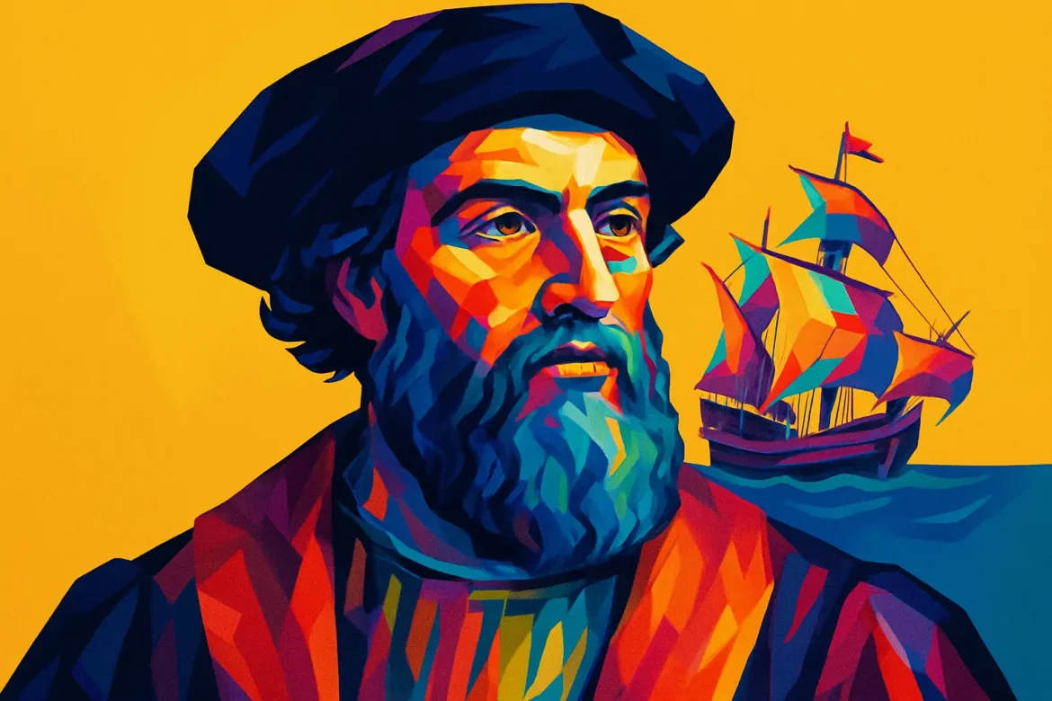 Retrato artístico em estilo pop art de Pedro Álvares Cabral (c. 1467 – c. 1520), navegador português que comandou a expedição responsável pela descoberta oficial do Brasil em 1500. Ao fundo, uma caravela com velas multicoloridas representa as grandes navegações portuguesas da Era dos Descobrimentos, simbolizando a expansão marítima e o marco do início da colonização portuguesa na América do Sul.