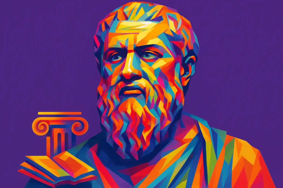 Ilustração artística e colorida de Platão (c. 427 a.C. – c. 347 a.C.), um dos maiores filósofos da Grécia Antiga, discípulo de Sócrates e mestre de Aristóteles. Fundador da Academia de Atenas, primeira instituição de ensino superior do mundo ocidental, Platão é amplamente conhecido por suas obras filosóficas em forma de diálogos e pelo conceito de Mundo das Ideias, que influenciou profundamente a metafísica, a epistemologia e a política. Ao fundo, a imagem traz elementos clássicos como uma coluna jônica e livros, simbolizando seu legado intelectual e filosófico.