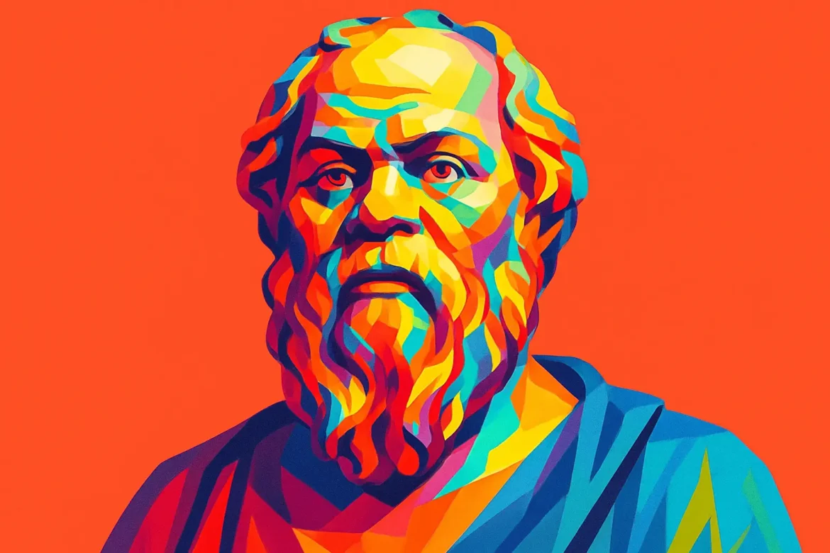 Ilustração artística em estilo pop art de Sócrates (470 a.C. – 399 a.C.), um dos mais influentes filósofos da Grécia Antiga. Conhecido por sua contribuição fundamental à ética e à epistemologia, Sócrates revolucionou a filosofia ocidental com seu método dialético, o chamado método socrático, que consiste em questionar para estimular o pensamento crítico e revelar contradições. Embora não tenha deixado obras escritas, seus ensinamentos foram preservados principalmente pelos escritos de seus discípulos, como Platão. Sua busca incansável pela verdade e pela virtude culminou em sua condenação à morte por corromper a juventude ateniense e questionar os deuses da cidade.