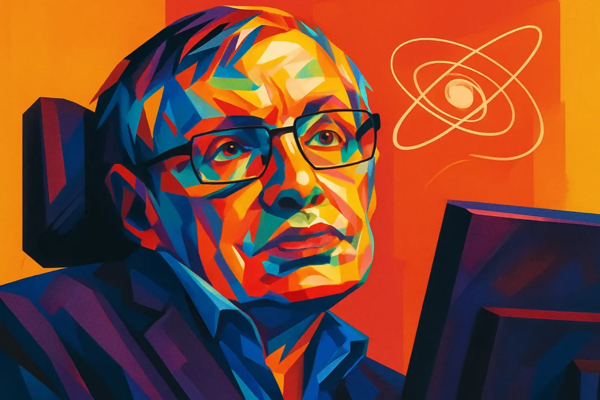 Retrato artístico estilizado de Stephen Hawking (1942 – 2018), renomado físico teórico, cosmólogo e autor britânico. Conhecido por seu trabalho sobre buracos negros e a teoria do Big Bang, Hawking superou a esclerose lateral amiotrófica (ELA), desafiando os limites da ciência e da própria condição humana. A imagem vibrante o mostra em sua cadeira de rodas, com um fundo ilustrativo que remete à física teórica, simbolizando suas contribuições fundamentais para o entendimento do universo.