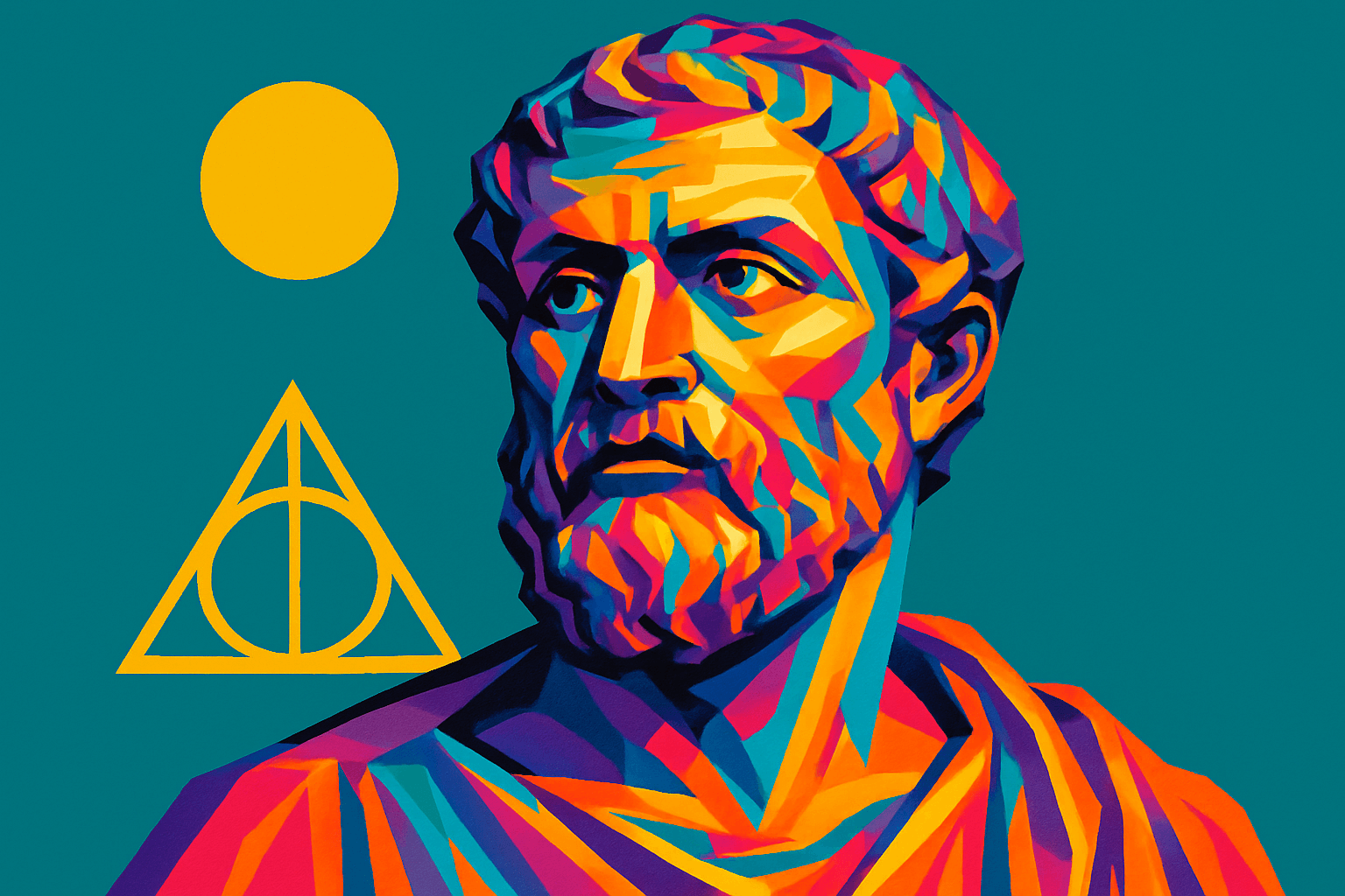 Tales de Mileto — filósofo pré-socrático representado com traços geométricos vibrantes, simbolizando seu legado na matemática e na filosofia; ao fundo, elementos gráficos evocam conceitos científicos e suas contribuições à razão e à natureza.