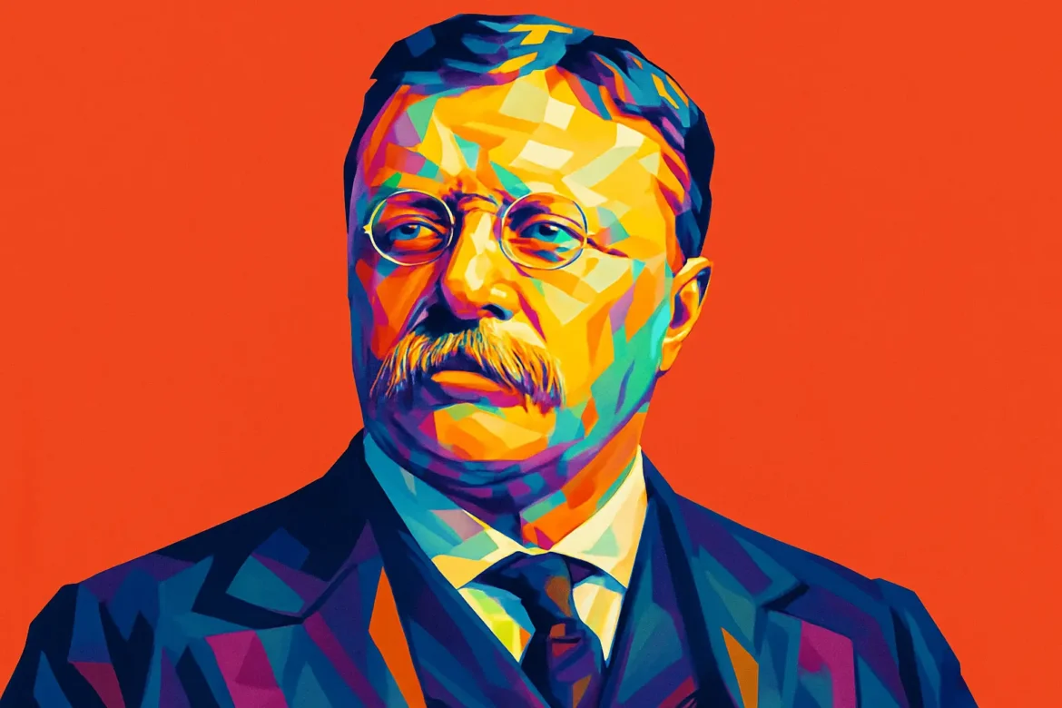 Retrato artístico em estilo pop art de Theodore Roosevelt (1858–1919), que foi o 26º presidente dos Estados Unidos. Conhecido por sua personalidade enérgica e políticas progressistas, Roosevelt deixou um legado marcante na história americana com reformas voltadas para a justiça social, preservação ambiental e fortalecimento do poder executivo. Também foi um dos líderes mais jovens a assumir a presidência, após o assassinato de William McKinley, e ganhou o Prêmio Nobel da Paz por sua mediação no fim da Guerra Russo-Japonesa.