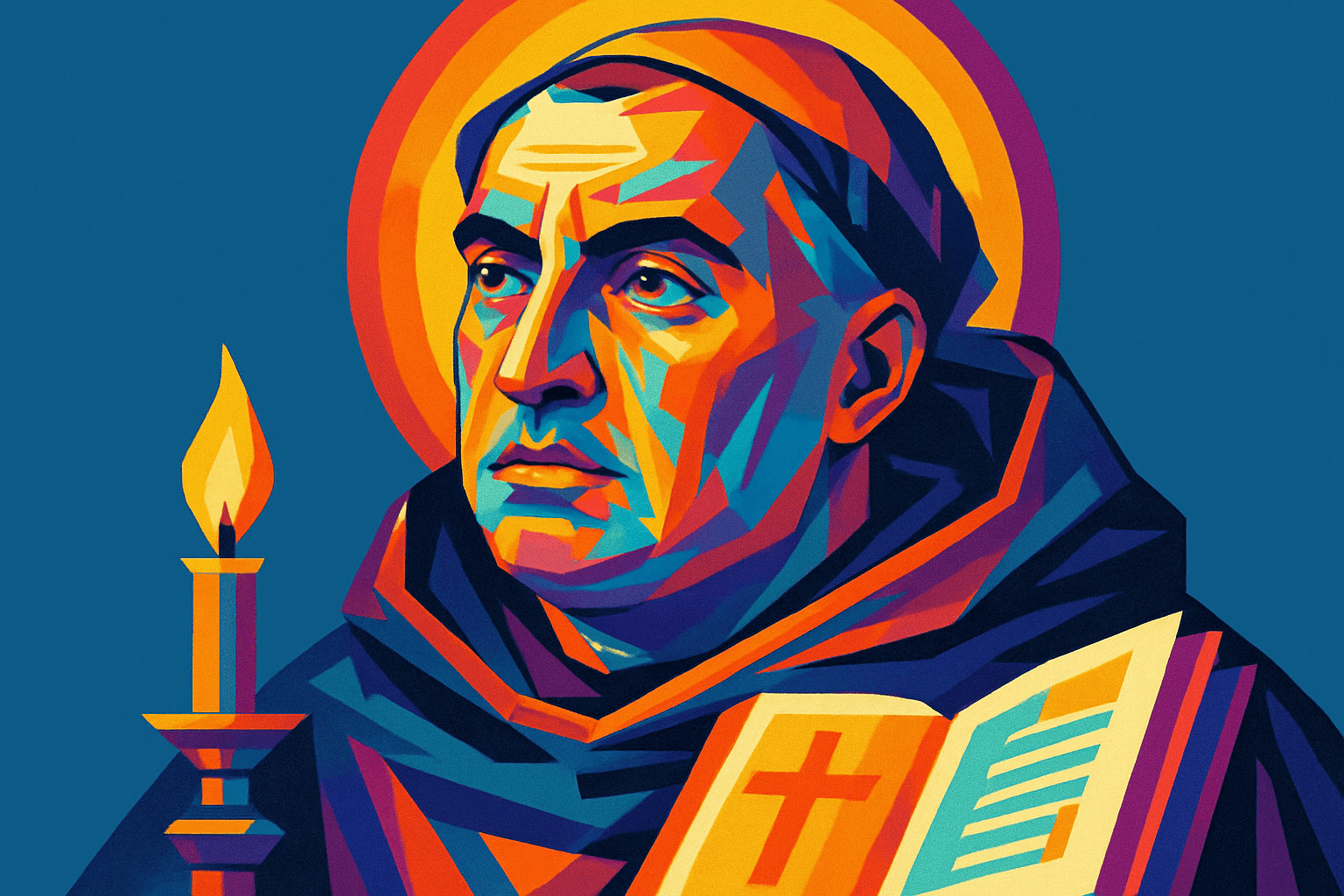 Tomás de Aquino — destacado teólogo e filósofo medieval, retratado com halo dourado, segurando um livro com símbolo cristão e ao lado de uma vela acesa, simbolizando a luz do conhecimento e da fé.