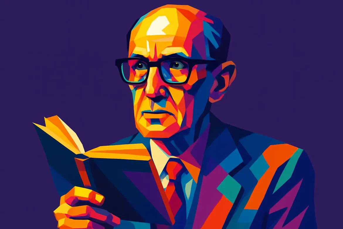 Ilustração artística e colorida de Carlos Drummond de Andrade (1902 – 1987), um dos mais importantes poetas da literatura brasileira e referência do modernismo. A imagem o retrata de forma expressiva, com óculos e terno, segurando um livro aberto, em um gesto contemplativo que simboliza sua profunda relação com a palavra escrita. Drummond é autor de obras marcantes como 'Alguma Poesia' e 'José', e sua produção aborda temas como a existência, a solidão, a política e o cotidiano.