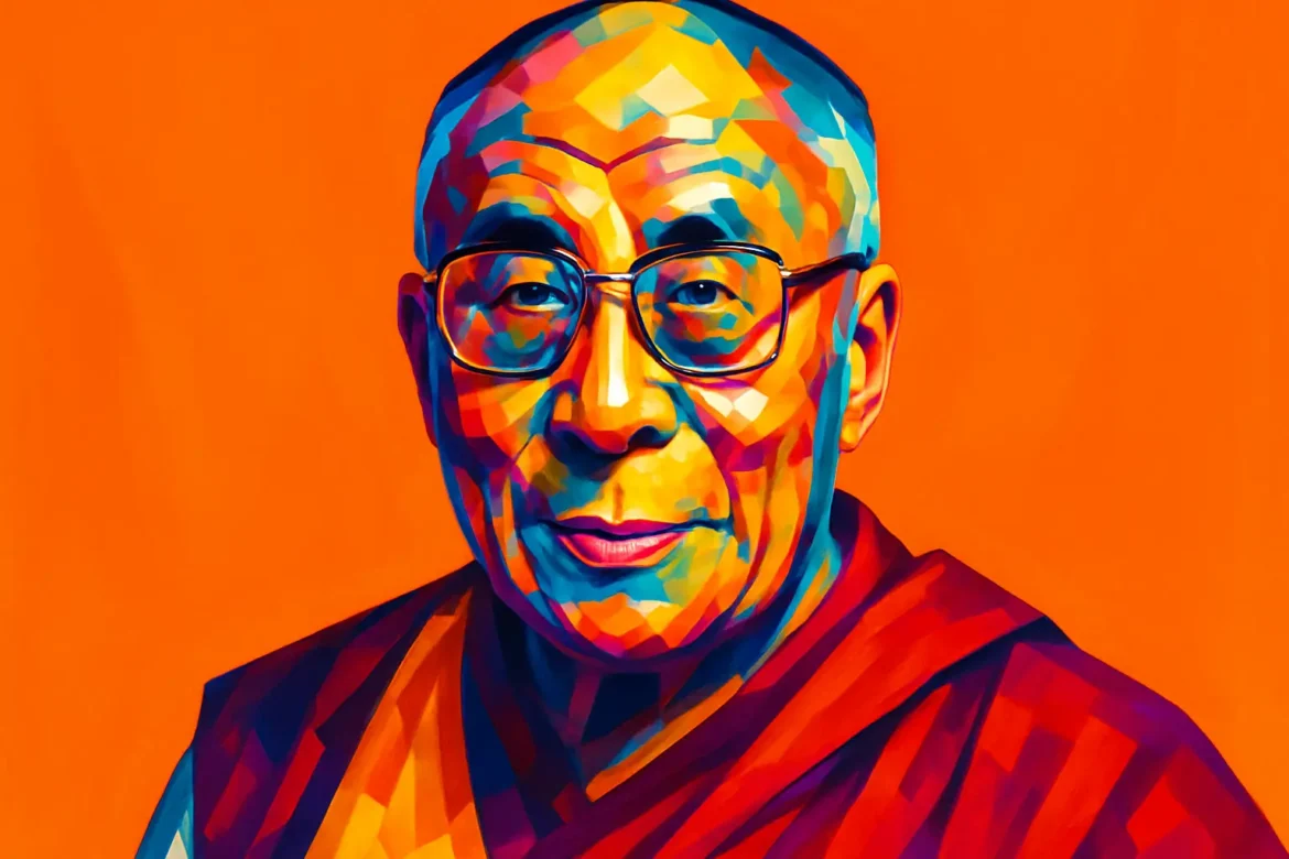 Retrato artístico e estilizado do Dalai Lama, líder espiritual do Tibete e símbolo internacional de paz, compaixão e não violência. A imagem utiliza cores vibrantes e traços geométricos para representar sua figura serena e sábia, vestindo tradicionais mantos budistas, sobre um fundo laranja intenso. Reconhecido por seu trabalho em defesa dos direitos humanos e da autonomia tibetana, o Dalai Lama recebeu o Prêmio Nobel da Paz em 1989.