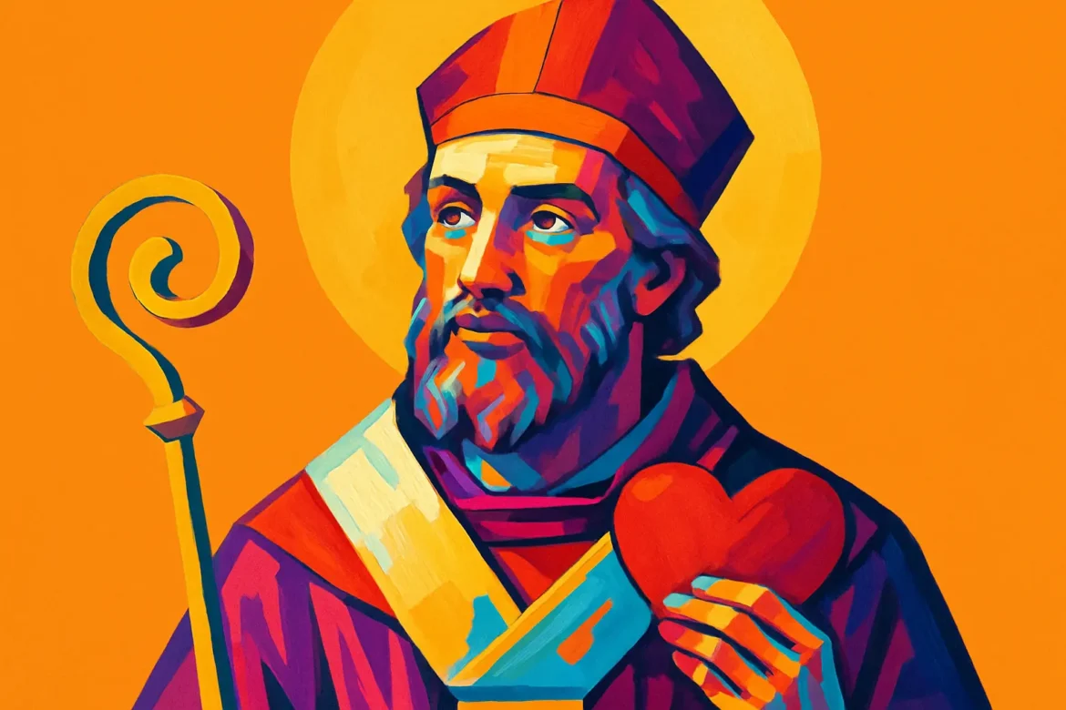 Ilustração vibrante e estilizada de São Valentim, retratado em vestes eclesiásticas coloridas, segurando um coração vermelho como símbolo do amor e da compaixão. Com auréola dourada ao fundo, a imagem remete à figura do santo cristão associado ao Dia dos Namorados, celebrado por sua dedicação ao amor e à união de casais contra as proibições de seu tempo.