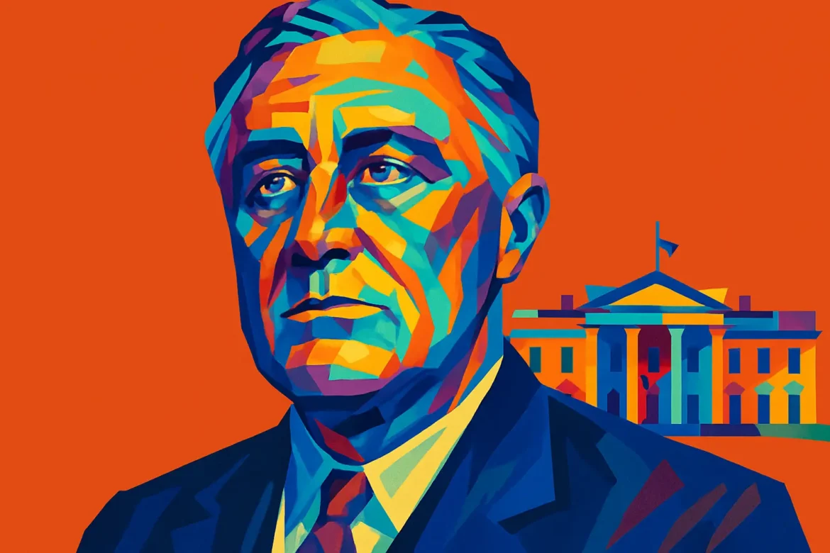 Retrato colorido em estilo artístico de Franklin D. Roosevelt (1882 – 1945), 32º presidente dos Estados Unidos, com a Casa Branca ao fundo. Roosevelt liderou o país durante a Grande Depressão e a Segunda Guerra Mundial, sendo o único presidente norte-americano eleito para quatro mandatos consecutivos. Sua política do New Deal reformulou a economia dos EUA e seu legado permanece como um dos mais influentes da história americana.