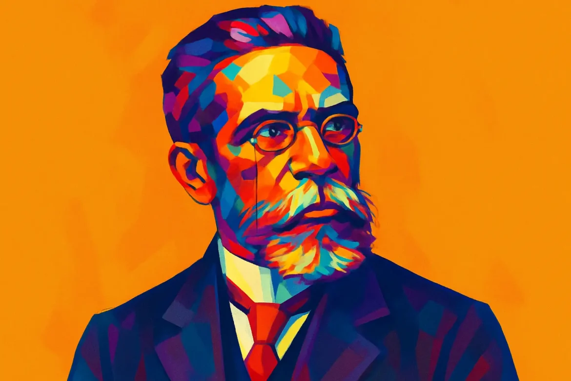 Retrato artístico em estilo pop art de Machado de Assis (1839 – 1908), renomado escritor, cronista e poeta brasileiro, considerado um dos maiores nomes da literatura em língua portuguesa. Conhecido por sua escrita marcada pela ironia fina e pela análise psicológica dos personagens, seus romances como 'Dom Casmurro' e 'Memórias Póstumas de Brás Cubas' revelam uma profunda reflexão sobre o comportamento humano, hipocrisias sociais e contradições morais da classe burguesa do século XIX.