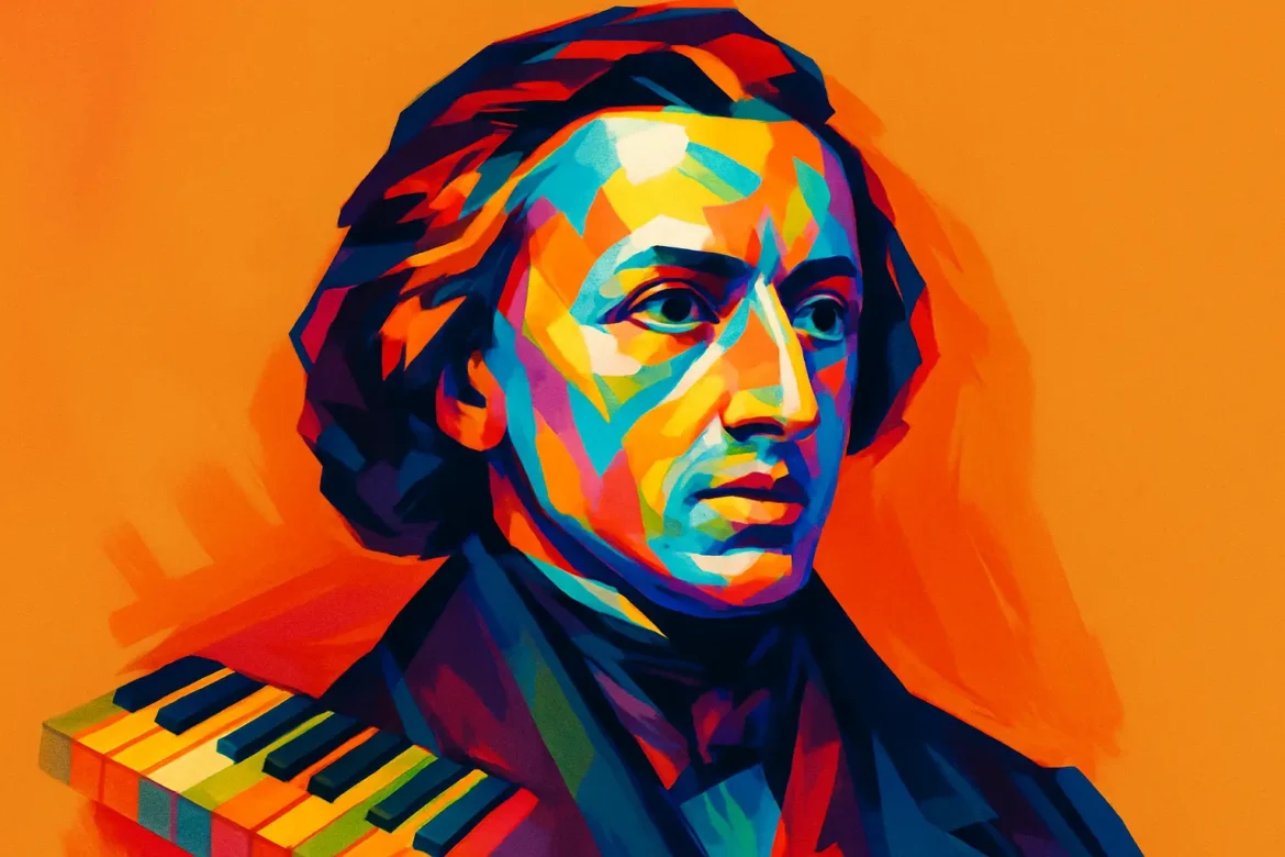 Retrato artístico de Frédéric Chopin (1810 – 1849), renomado compositor e pianista polonês do período romântico, representado em estilo moderno e vibrante com um teclado de piano estilizado no ombro. Conhecido por suas composições poéticas e técnicas inovadoras para piano, Chopin influenciou profundamente a música clássica e permanece um símbolo da sensibilidade artística do século XIX.