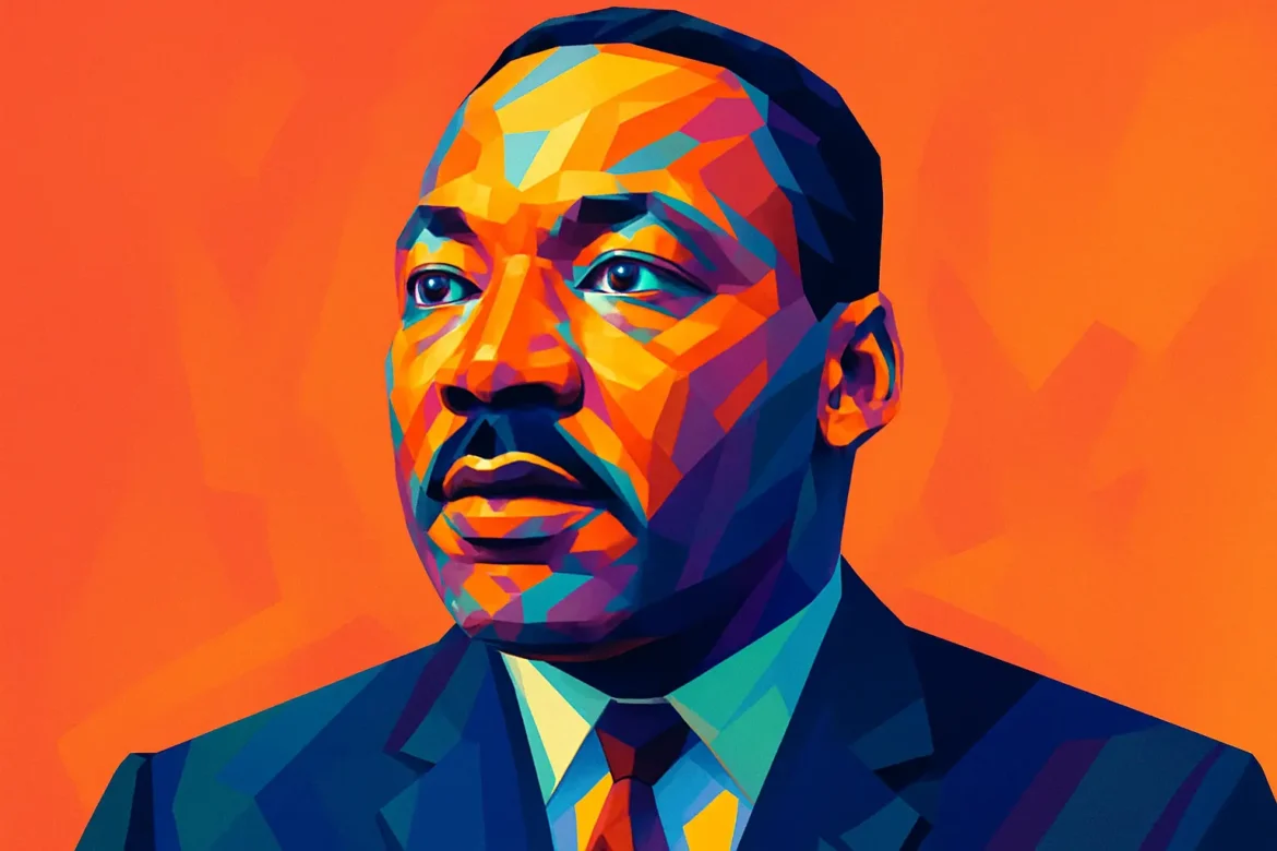 Retrato artístico e colorido de Martin Luther King Jr. (1929 – 1968), pastor batista e um dos mais importantes líderes do movimento dos direitos civis nos Estados Unidos. Defensor da resistência não violenta, tornou-se símbolo da luta contra a segregação racial e pela igualdade de direitos para a população negra, sendo mundialmente lembrado por seu discurso 'I Have a Dream' e por seu legado de justiça social e paz.