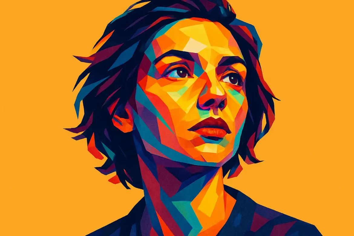 Imagem vibrante em estilo pop art com uma mulher de cabelos curtos e expressão serena, voltada levemente para cima, sobre um fundo laranja sólido. A composição utiliza formas geométricas e uma paleta de cores intensas e contrastantes — tons de azul, vermelho, laranja e amarelo — para criar um efeito visual dinâmico e expressivo, sugerindo força interior e introspecção. Ideal para inspirar frases de impacto em stories e redes sociais.
