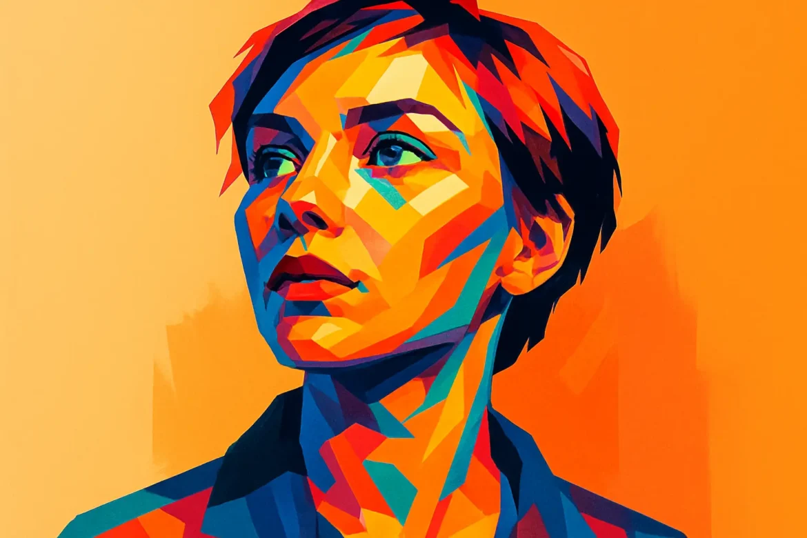 Ilustração vibrante em estilo pop art de uma mulher com expressão determinada, destacada por formas geométricas e cores intensas em tons de laranja, azul, vermelho e amarelo. O fundo laranja sólido intensifica a presença da personagem, que representa força, confiança e autenticidade — um retrato visual do poder interior traduzido em arte contemporânea.