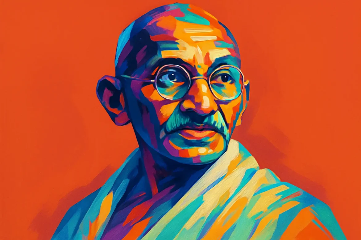Retrato artístico e vibrante de Mahatma Gandhi (1869 – 1948), líder espiritual e político indiano conhecido por sua filosofia de resistência não violenta, que desempenhou papel crucial na luta pela independência da Índia do domínio britânico. A imagem em estilo moderno, com cores intensas e contrastantes, representa sua expressão serena e determinada, simbolizando os ideais de paz, justiça e autodisciplina que marcaram sua trajetória.