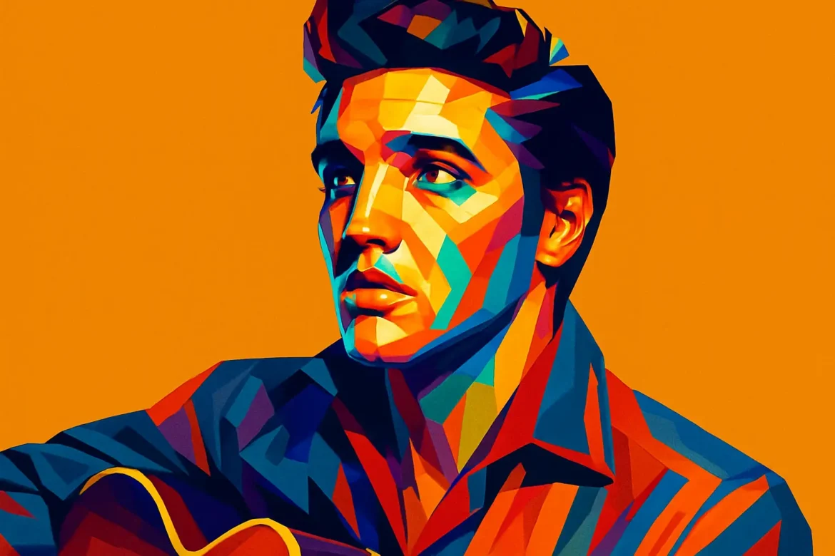 Ilustração em estilo pop art de Elvis Presley, ícone do rock and roll, retratado com cores vibrantes sobre um fundo laranja intenso. A imagem expressa a intensidade emocional e a paixão artística que marcaram sua carreira. Um tributo visual ao legado de um dos maiores nomes da música do século XX.