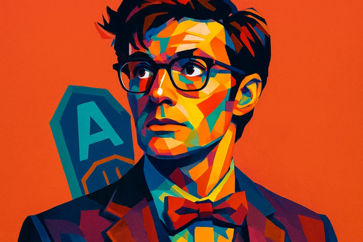 Ilustração vibrante de um personagem geek, representado em arte pop com traços geométricos e cores intensas. Usando terno com gravata borboleta vermelha e óculos, ele remete ao estereótipo clássico do 'nerd' intelectual. Ao fundo, a letra 'A' em estilo de escudo, possivelmente uma referência sutil ao universo dos super-heróis. A obra celebra a estética geek com um visual moderno e expressivo, mesclando cultura pop e identidade visual arrojada.