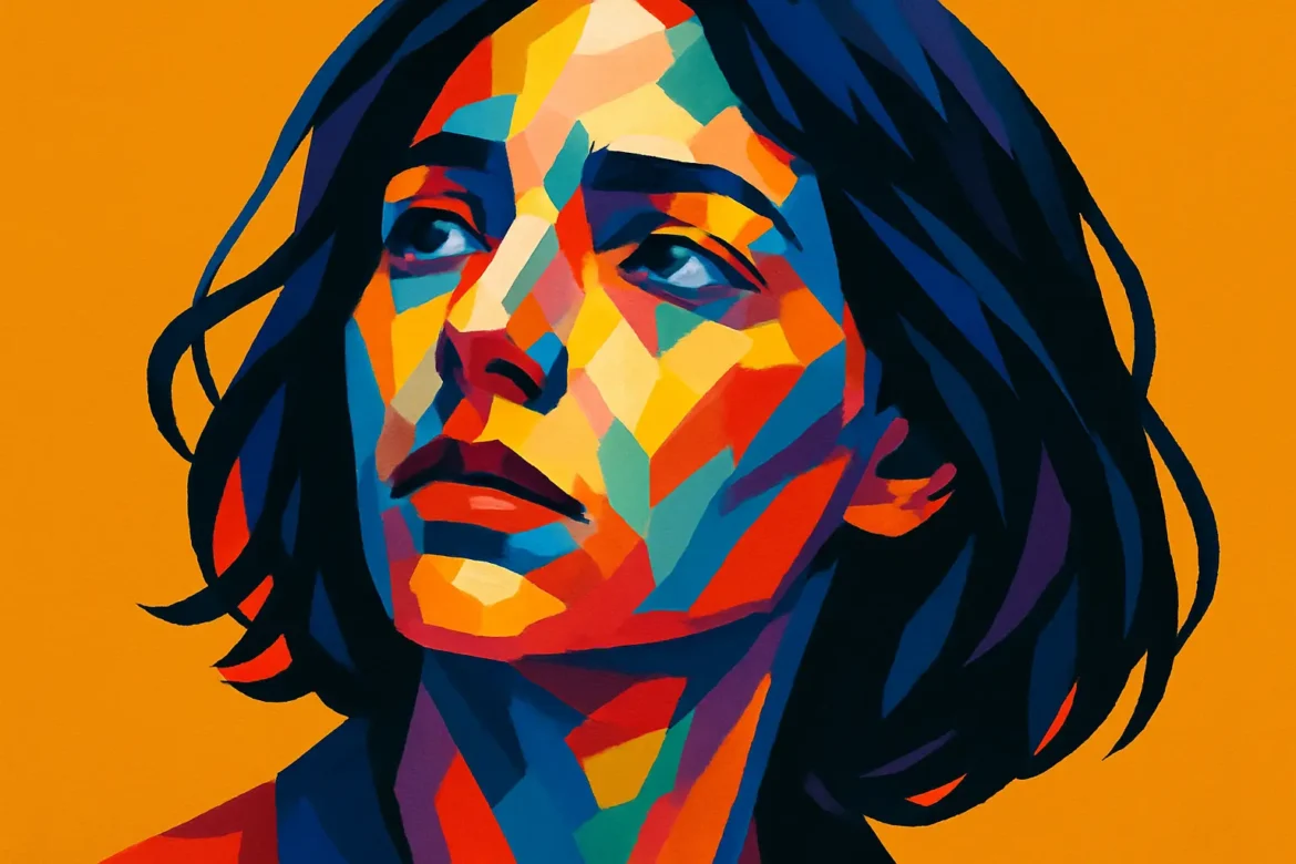 Ilustração em estilo pop art de uma mulher de expressão melancólica, com cabelos escuros e curtos, olhando para o lado como se refletisse sobre algo distante. A paleta de cores intensas — incluindo tons de azul, vermelho, amarelo e laranja — reforça o contraste emocional da cena, evocando o tema do amor impossível. O fundo laranja vibrante destaca ainda mais a figura central, intensificando a sensação de solidão emocional e intensidade interior.