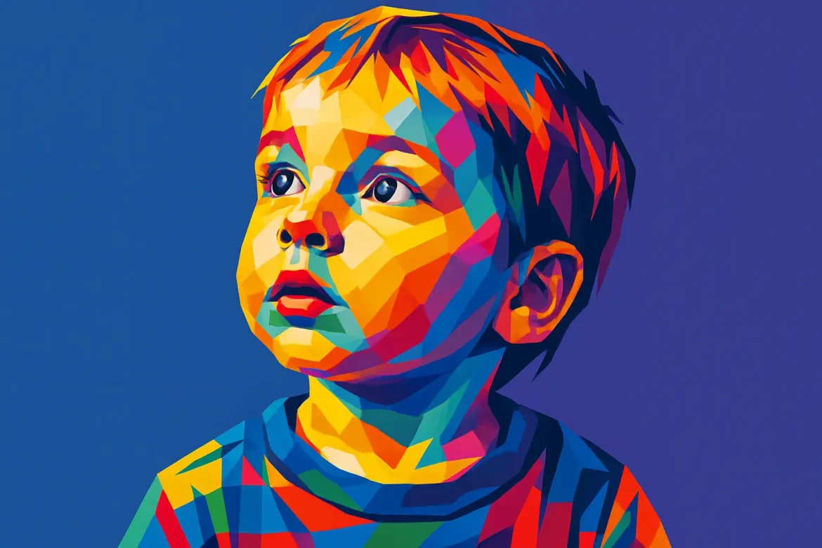 Imagem vibrante e colorida de uma criança pequena, com olhar curioso voltado para cima, retratada em estilo pop art digital. As formas geométricas e cores intensas—como laranja, azul, vermelho e verde—compõem o rosto e a roupa do menino, criando um efeito visual impactante. A expressão de inocência e contemplação da criança evoca reflexões sobre o futuro, a pureza e o olhar das novas gerações, conectando-se ao tema central de frases sobre filhos.