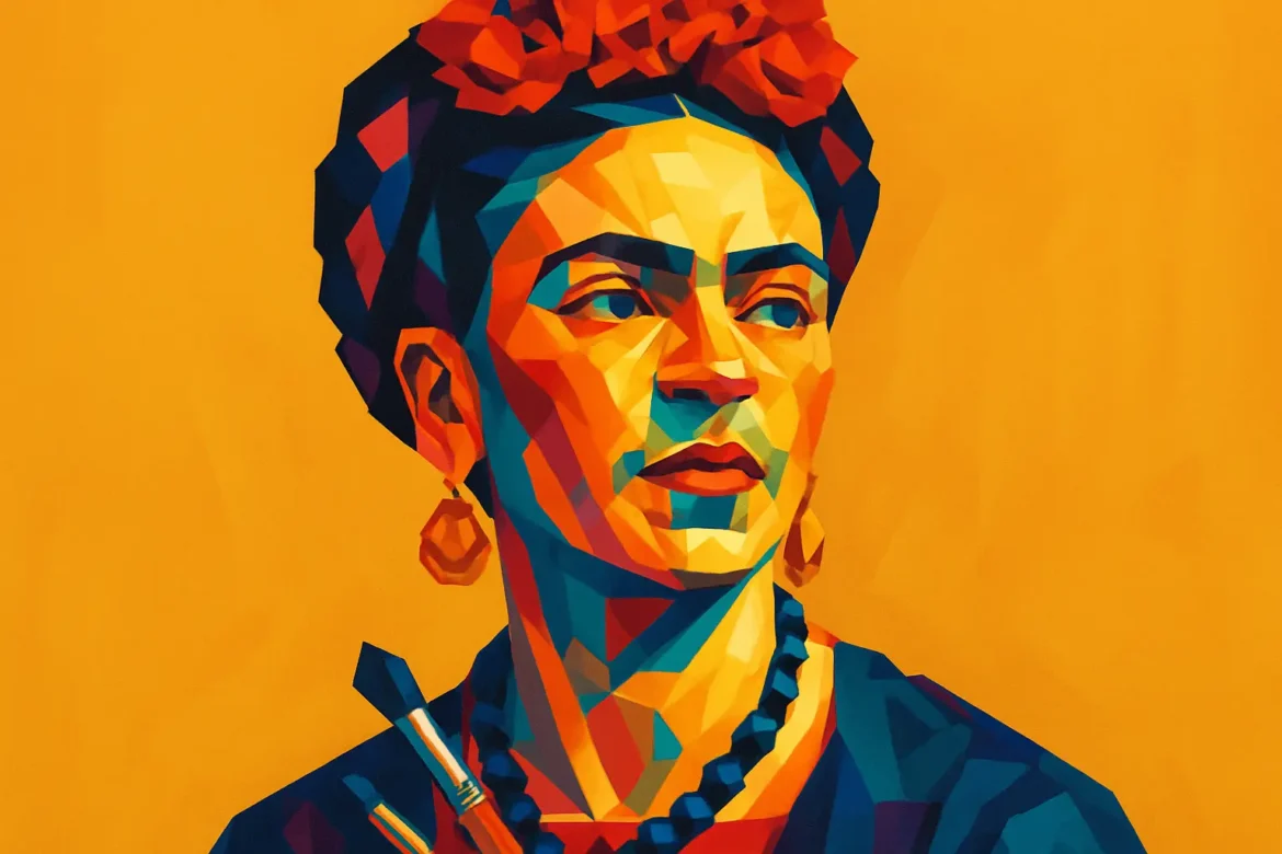Retrato artístico em estilo geométrico e colorido de Frida Kahlo (1907 – 1954), pintora mexicana conhecida por suas obras intensas e pessoais, que expressam dor, amor e identidade. No retrato, Frida aparece com suas icônicas flores no cabelo, brincos grandes e pincéis sobre o ombro, simbolizando sua profunda ligação com a arte. O fundo laranja vibrante destaca ainda mais sua figura imponente, tornando a imagem um tributo visual à sua força, criatividade e legado na arte e cultura mundiais.