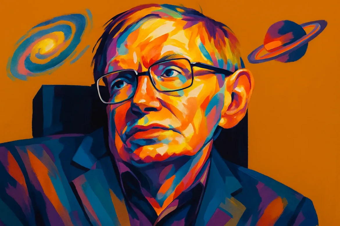 Retrato artístico multicolorido de Stephen Hawking (1942 – 2018), renomado físico teórico e cosmólogo britânico, reconhecido por suas contribuições à compreensão dos buracos negros, da relatividade e da origem do universo. Ao fundo, representações estilizadas de galáxias e planetas destacam seu legado na exploração dos mistérios do cosmos.