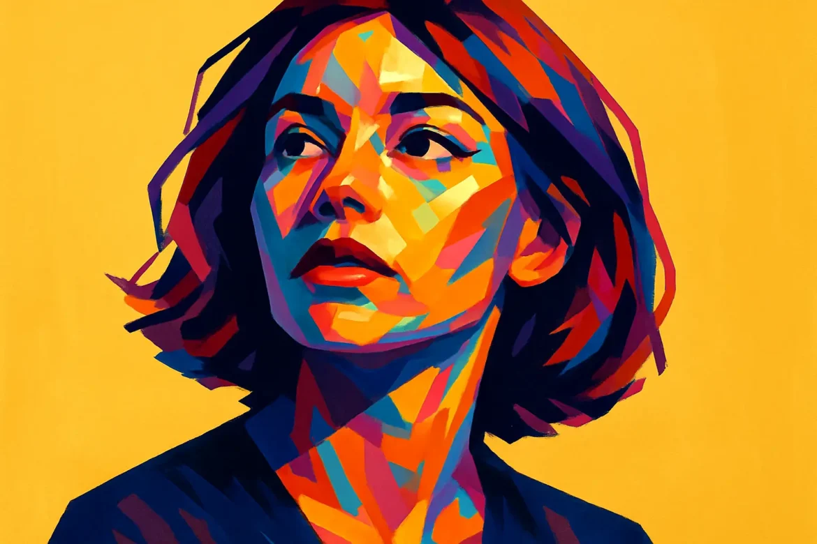 Ilustração vibrante em estilo pop art mostrando uma jovem de cabelos curtos, com expressão contemplativa, sobre um fundo amarelo intenso. A composição utiliza traços geométricos e cores contrastantes como laranja, azul, vermelho e roxo, transmitindo energia e emoção — uma estética ideal para representar emoções intensas como as de um pedido de namoro.