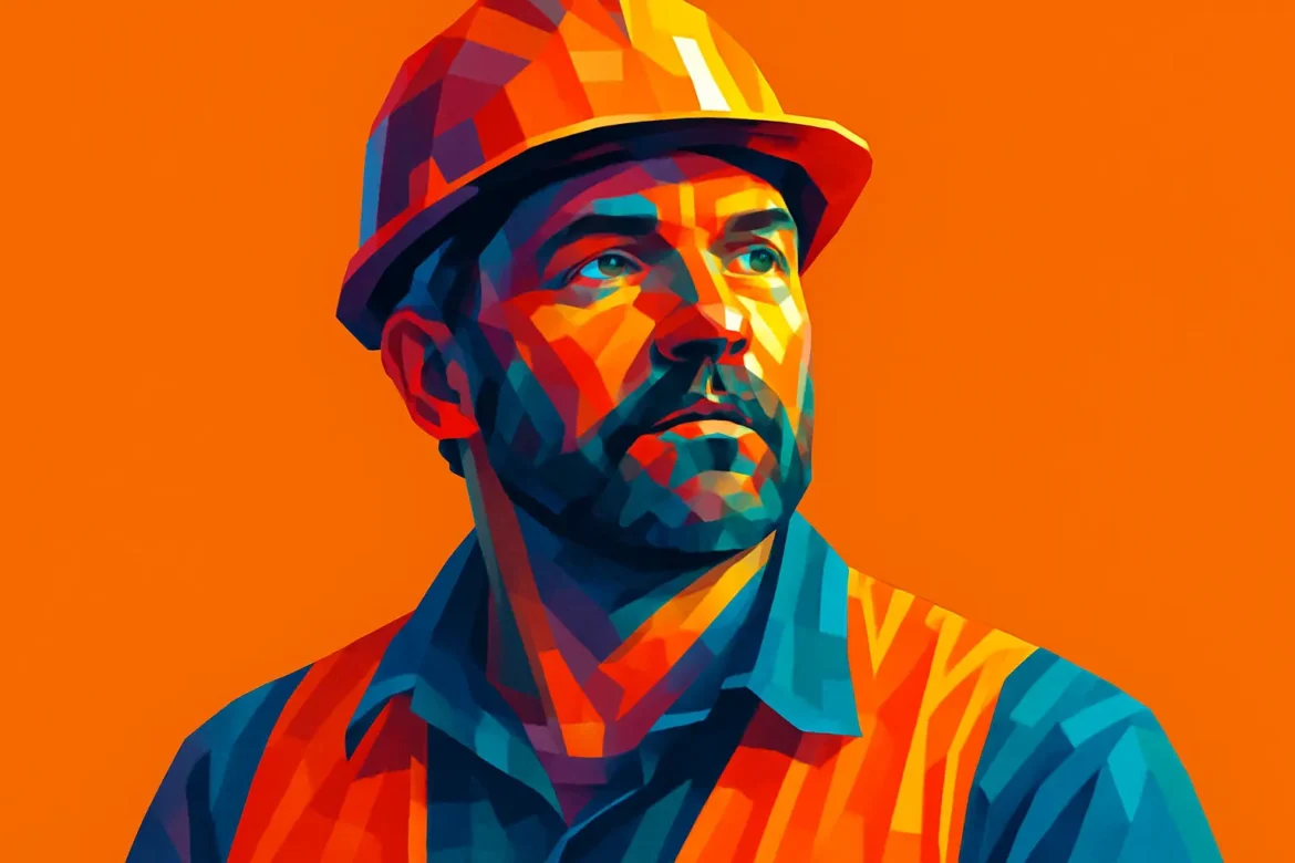 Ilustração vibrante e estilizada de um trabalhador usando capacete e colete de segurança, voltado para frente com um olhar firme e esperançoso. A composição transmite a importância do companheirismo, da confiança mútua e da união entre colegas na realização de grandes projetos. Cores fortes e contrastantes ressaltam a força e a dignidade do trabalho em equipe, destacando como o esforço coletivo é fundamental para alcançar objetivos comuns.