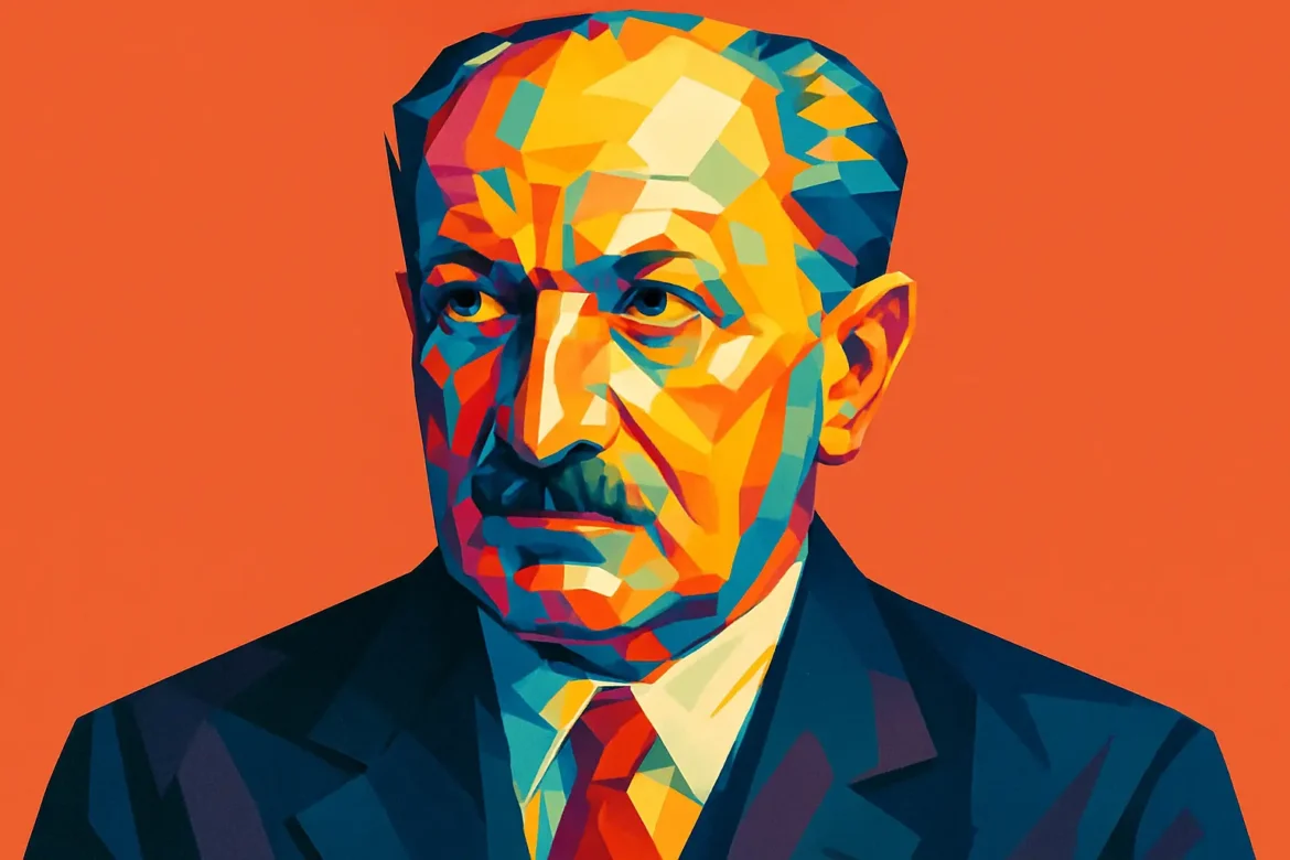 Ilustração estilizada e colorida de Martin Heidegger (1889 – 1976), um dos mais influentes filósofos do século XX. Autor de 'Ser e Tempo', sua obra revolucionou a ontologia ao colocar a questão do ser no centro da reflexão filosófica. Heidegger desenvolveu conceitos como Dasein (ser-aí) e autenticidade, explorando profundamente o sentido da existência humana em um mundo marcado pela finitude e pela temporalidade.