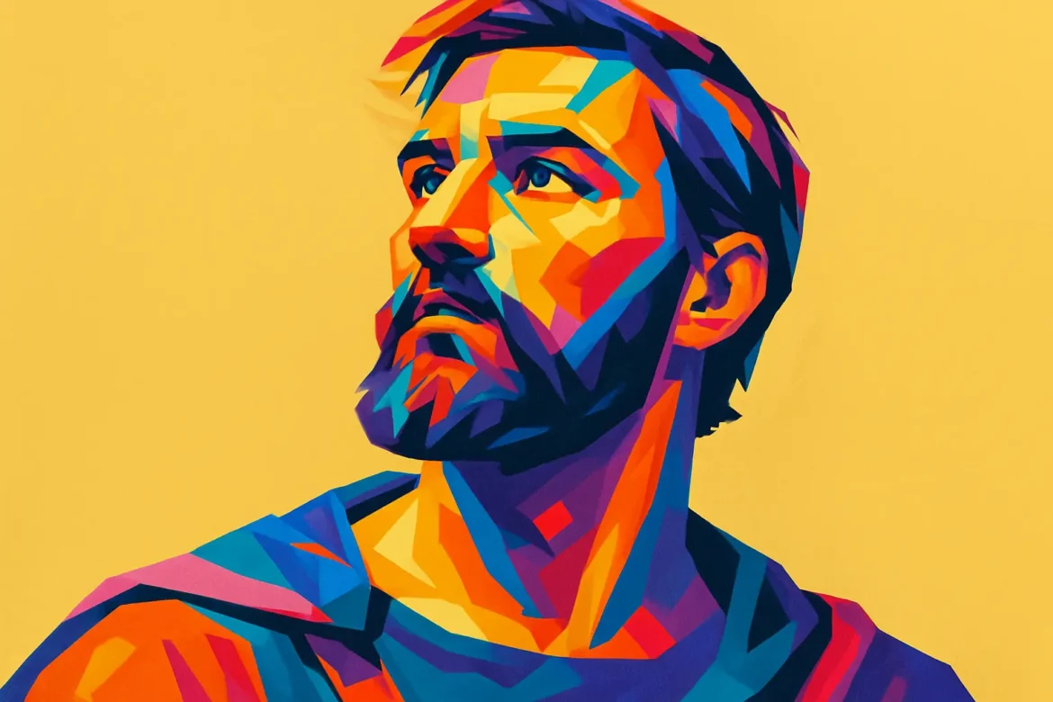 Ilustração em estilo pop art expressionista de um homem com feições sérias e olhar firme voltado para cima, em fundo amarelo vibrante. O uso de cores intensas e contrastantes como azul, laranja, roxo e vermelho ressalta a profundidade emocional e expressa atributos como coragem, confiança e, principalmente, lealdade — tema central da imagem. A figura transmite um ideal heroico, evocando a nobreza de caráter e o compromisso inabalável com valores e princípios.