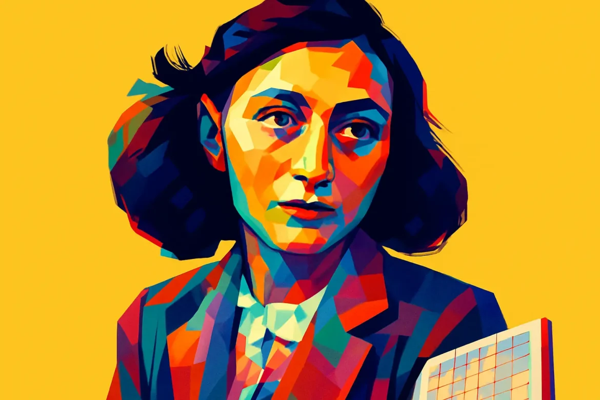Ilustração artística em estilo pop art de Anne Frank (1929 – 1945), adolescente judia alemã que se tornou símbolo da luta contra a opressão nazista. Na imagem, ela aparece segurando seu diário, no qual registrou com sensibilidade e profundidade sua vida no esconderijo durante a ocupação nazista nos Países Baixos. Sua história comove gerações e representa uma das vozes mais impactantes do Holocausto.