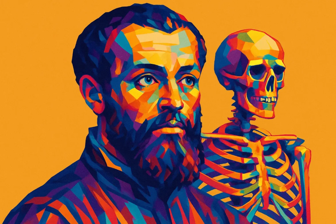 Ilustração artística e vibrante de Andreas Vesalius (1514 – 1564), médico e anatomista flamengo, considerado o pai da anatomia moderna. Ao lado de um esqueleto humano, o retrato simboliza sua obra mais famosa, 'De Humani Corporis Fabrica', que revolucionou o estudo do corpo humano ao desafiar os conceitos errôneos da medicina antiga. Seu trabalho meticuloso e baseado em dissecações reais marcou uma nova era na ciência médica.