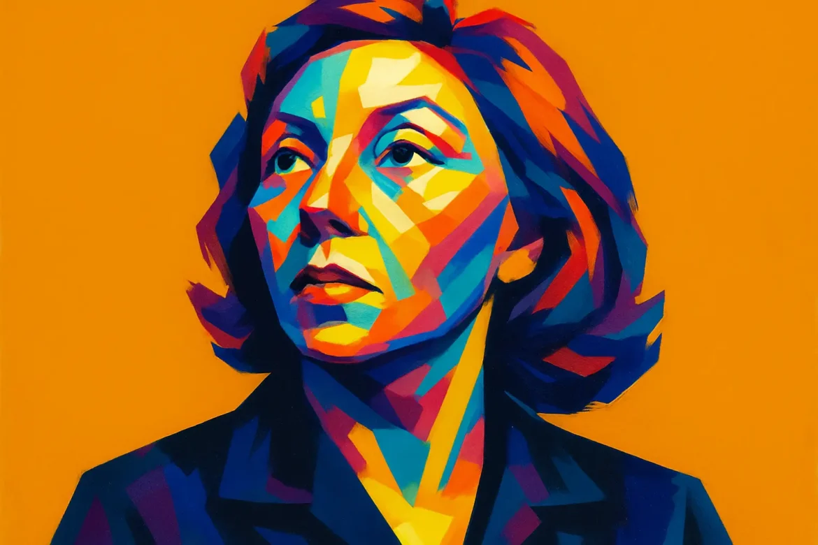 Retrato artístico e estilizado de Clarice Lispector (1920 – 1977), renomada escritora e jornalista nascida na Ucrânia e radicada no Brasil. Com um estilo literário único e introspectivo, Clarice é autora de obras marcantes da literatura brasileira, como 'A Paixão Segundo G.H.' e 'A Hora da Estrela'. Sua escrita mergulha profundamente na psicologia de seus personagens e no existencialismo, sendo amplamente reconhecida por sua originalidade e sensibilidade. A imagem usa cores vibrantes e formas geométricas que destacam sua figura contra um fundo laranja intenso, evocando a intensidade de sua produção literária.