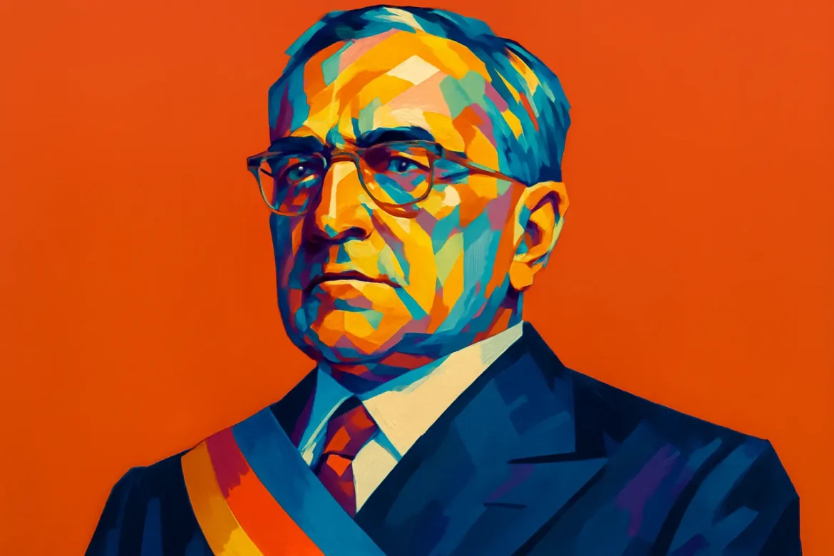Retrato artístico e estilizado de Getúlio Vargas (1882 – 1954), político brasileiro que governou o Brasil em diferentes períodos e é uma das figuras mais influentes da história do país. Conhecido tanto por sua liderança autoritária durante o Estado Novo quanto pelas bases do trabalhismo nacional, Vargas marcou a política brasileira com reformas sociais, industriais e trabalhistas, sendo lembrado por seu legado ambíguo de progresso e repressão.