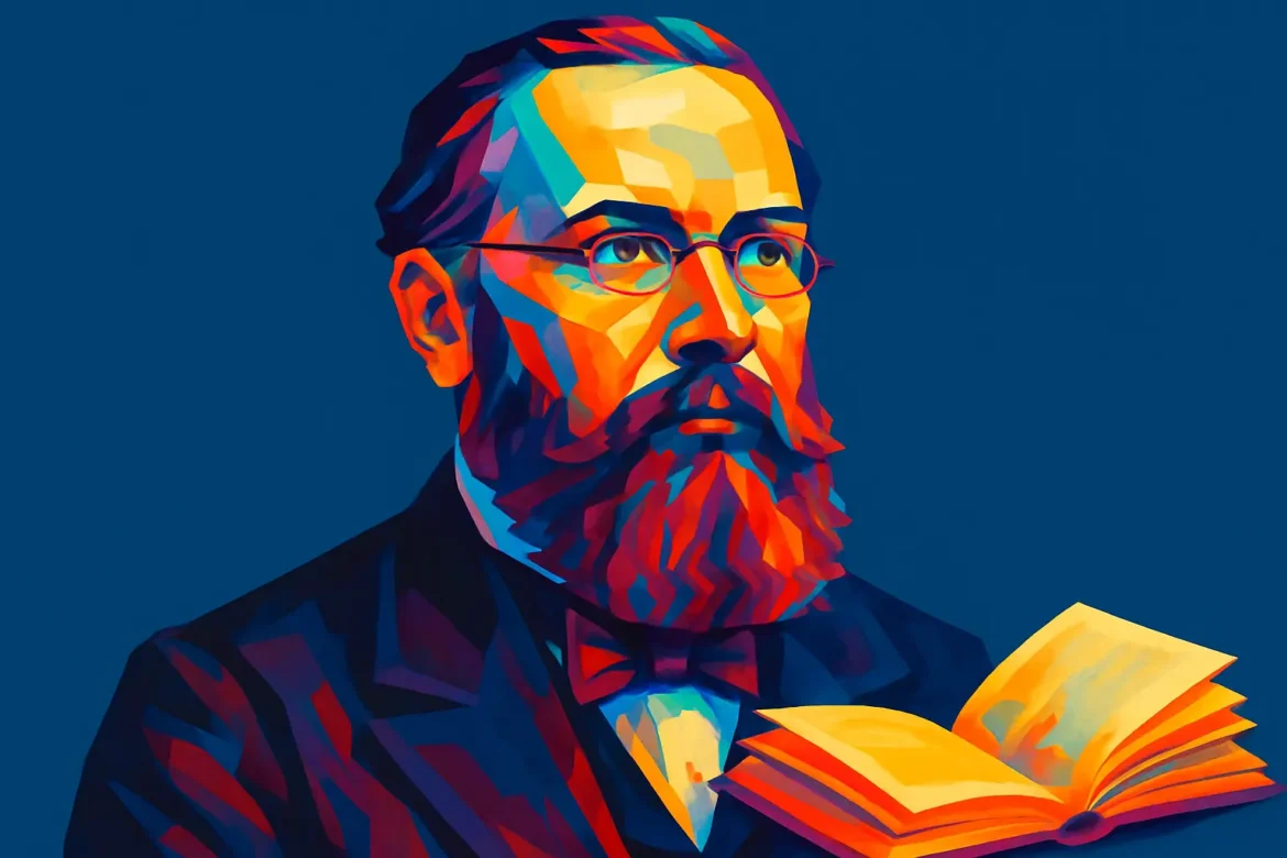 Retrato artístico estilizado de José de Alencar (1829 – 1877), escritor, advogado e político brasileiro, uma das figuras centrais do Romantismo no Brasil. Autor de obras marcantes como 'Iracema', 'O Guarani' e 'Senhora', Alencar contribuiu decisivamente para a formação da identidade literária nacional, explorando temas históricos, indígenas e urbanos. Na imagem, o autor aparece com semblante sério, usando óculos e barba espessa, com um livro aberto em destaque, simbolizando sua vasta produção literária.