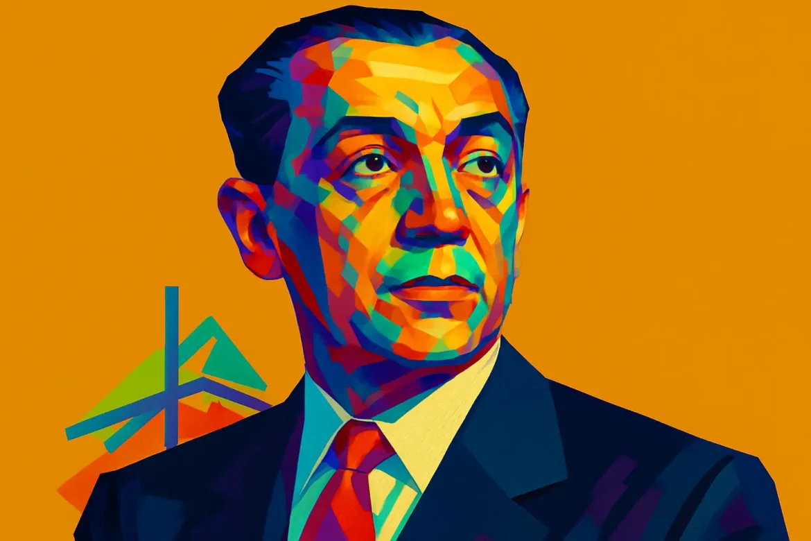 Retrato artístico de Juscelino Kubitschek (1902 – 1976), médico e político brasileiro que foi presidente do Brasil entre 1956 e 1961. Conhecido como o 'presidente Bossa Nova', destacou-se pelo desenvolvimento acelerado do país e pela construção de Brasília, simbolizada ao fundo da imagem com elementos estilizados do Congresso Nacional. Sua gestão ficou marcada pelo lema 'Cinquenta anos em cinco'.